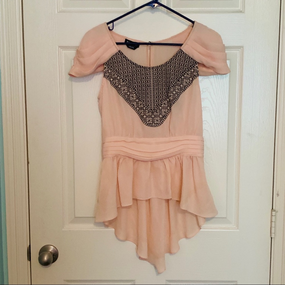 Bebe Pink Black Embroidered Chiffon Blouse S